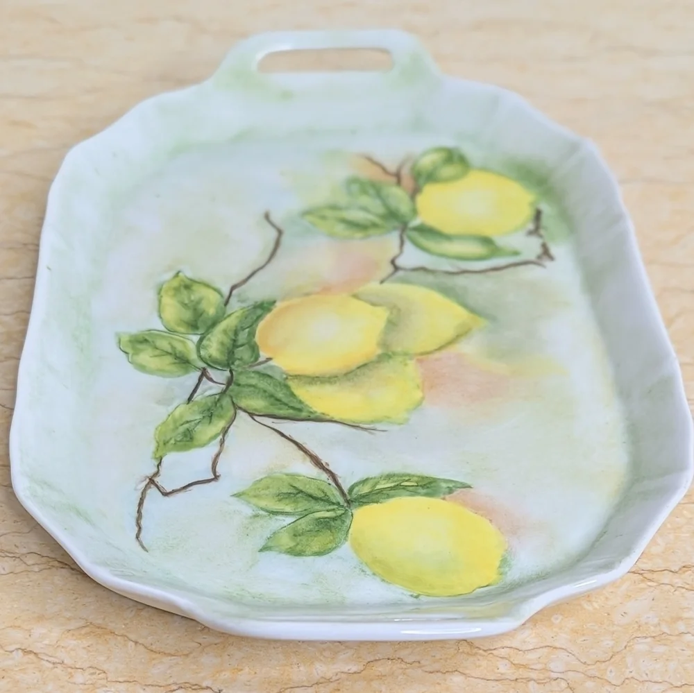 Vintage Hand Painted Small Lemon White Signed Porcelain Handled Trinket Tray